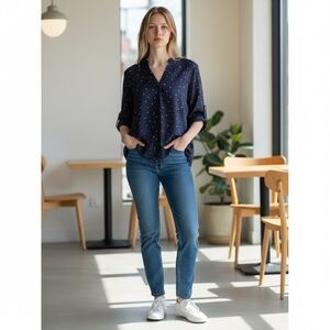 Lush Warren Split Neck Blouse Ladies Large | Navy Blue 3/4 Sleeve Flowy Top